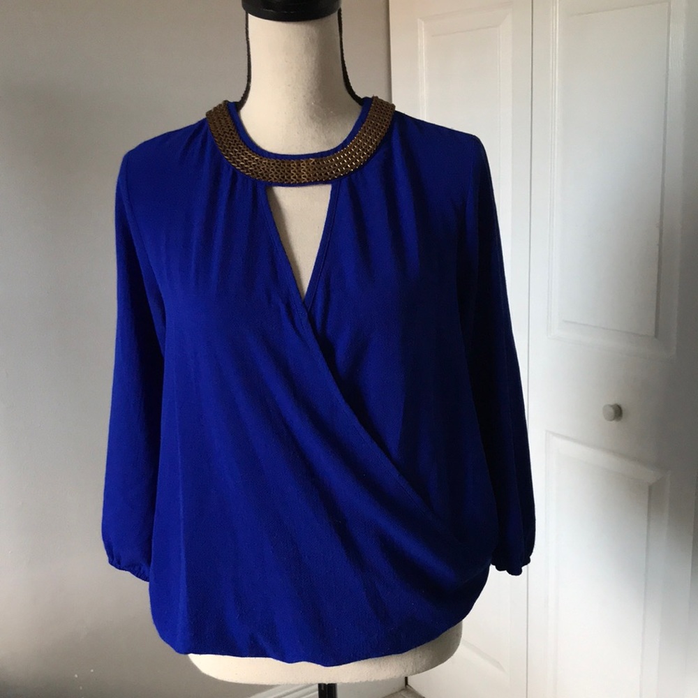 ❤️ 3X20 MOA MOA Women Royal Blue High Decorated Collar Blouses | S